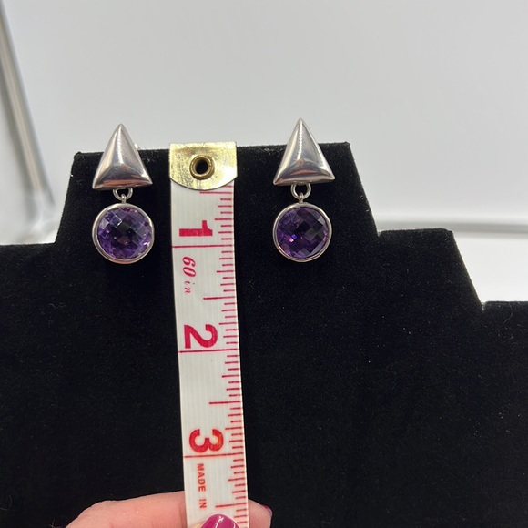 Handmade Sterling Silver Amethyst Post Dangle Earrings - Picture 4 of 6